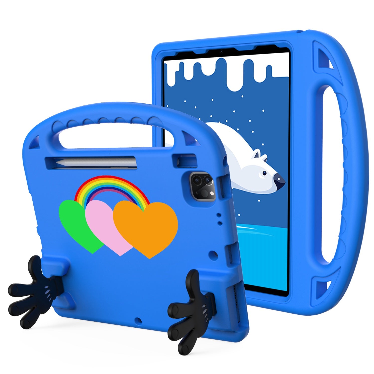 For iPad Air (2020)  /  iPad Pro 11 (2018) / (2020) / (2021) / (2022) EVA Shockproof Case Love Heart Pattern Palm Shape Anti-Drop Tablet Kickstand Case with Grip Handle