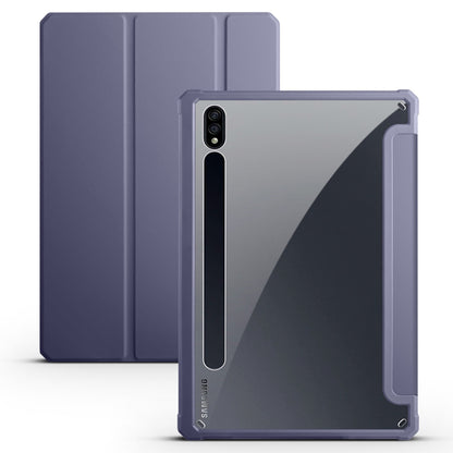 For Samsung Galaxy Tab S7 SM-T870 SM-T875 SM-T876B Tri-fold Stand Leather Case Auto Sleep / Wake Clear Acrylic Back Tablet Cover Shell