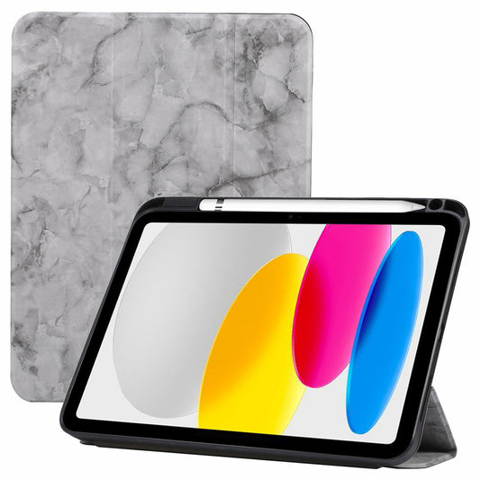 For iPad 10.9 (2022) / iPad 10th Gen Marble Pattern PU Leather Tri-fold Stand Tablet Case Auto Wake / Sleep Smart Protective Cover with Pen Slot