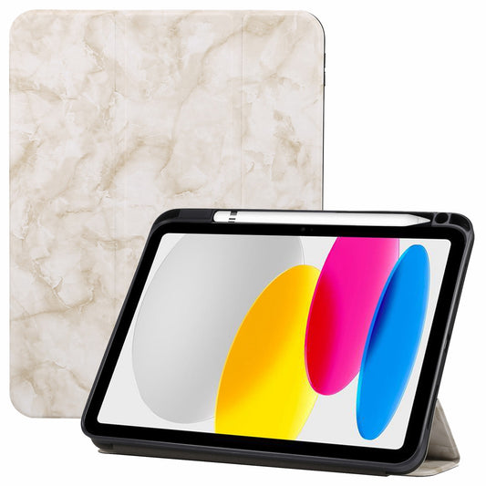 For iPad 10.9 (2022) / iPad 10th Gen Marble Pattern PU Leather Tri-fold Stand Tablet Case Auto Wake / Sleep Smart Protective Cover with Pen Slot