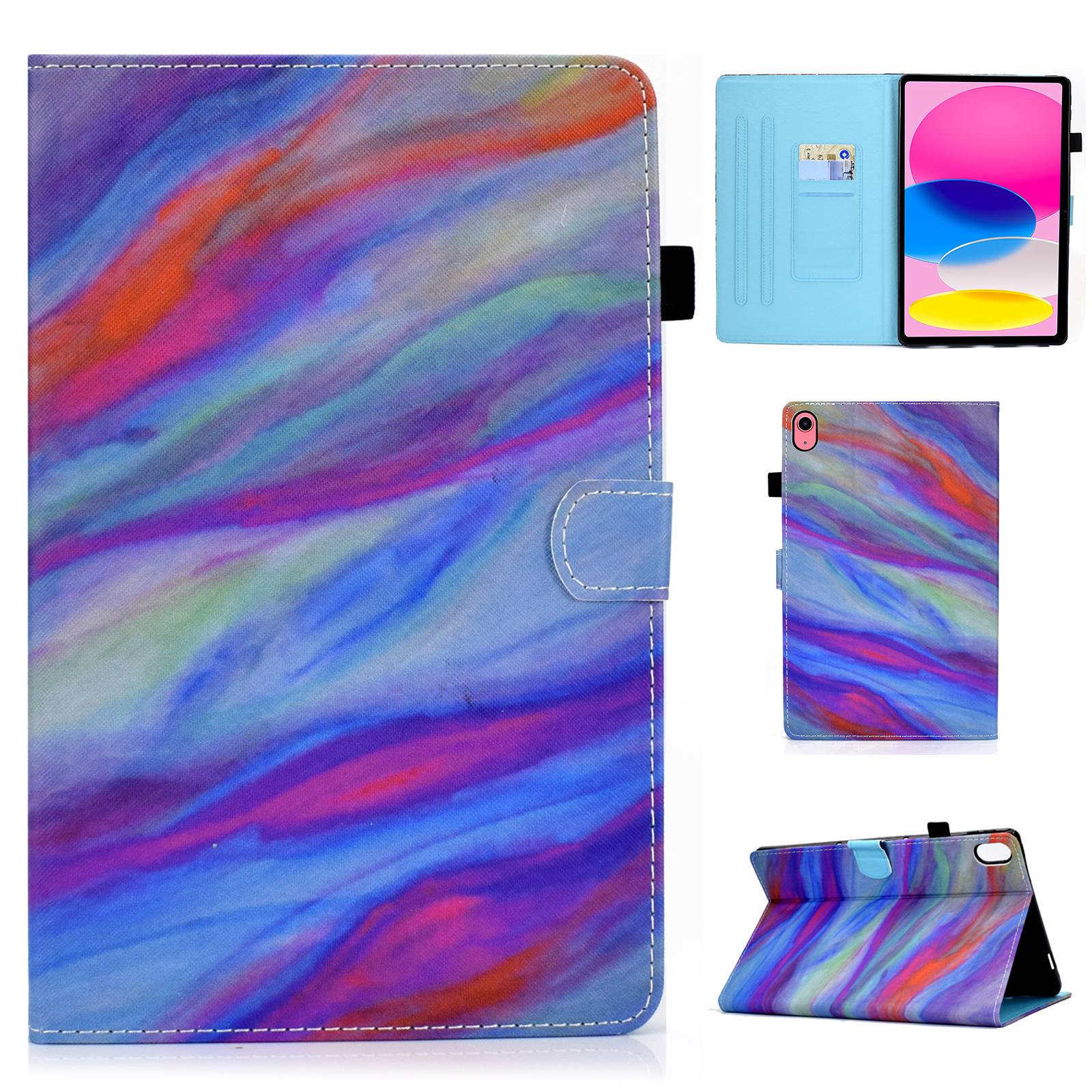 For iPad 10.9 (2022) / iPad 10th Gen Pattern Printing Stand Folio Tablet Case Stitching Line PU Leather Card Slots Protective Cover