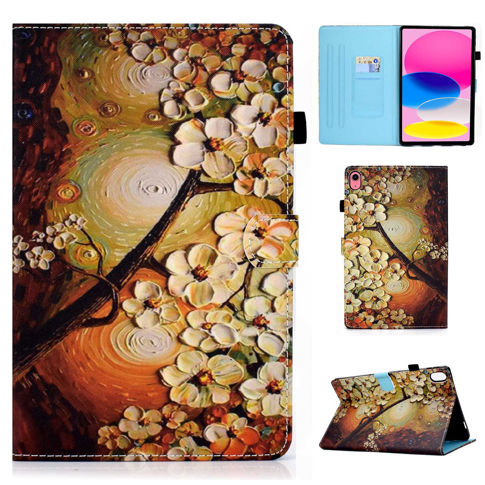 For iPad 10.9 (2022) / iPad 10th Gen Pattern Printing Stand Folio Tablet Case Stitching Line PU Leather Card Slots Protective Cover