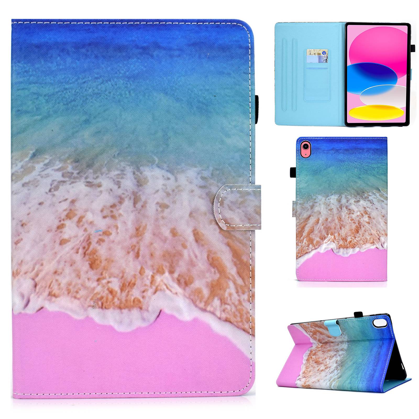 For iPad 10.9 (2022) / iPad 10th Gen Pattern Printing Stand Folio Tablet Case Stitching Line PU Leather Card Slots Protective Cover