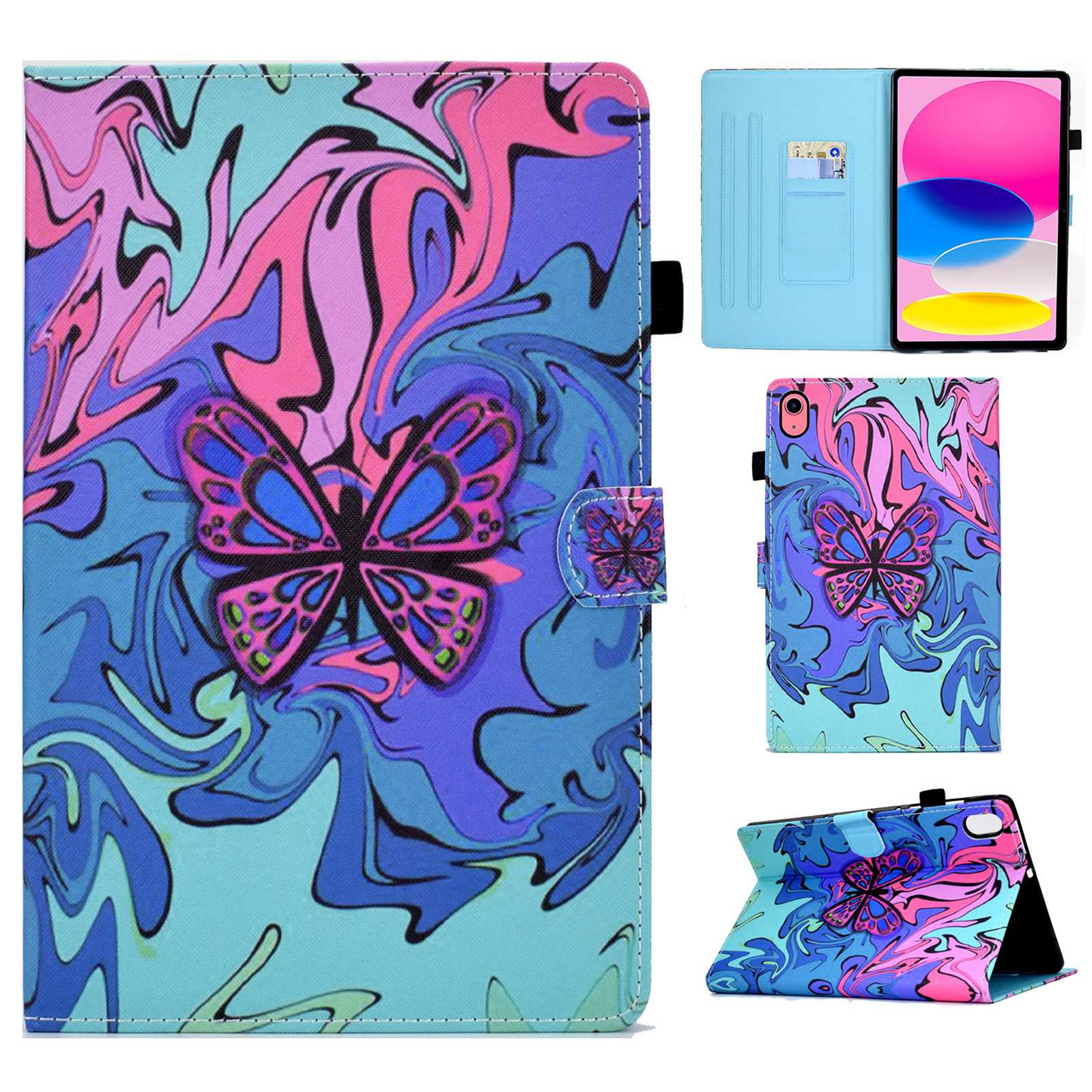 For iPad 10.9 (2022) / iPad 10th Gen Pattern Printing Adjustable Stand Cover Full Protection Stitching Line PU Leather Tablet Case with Card Slots Holder