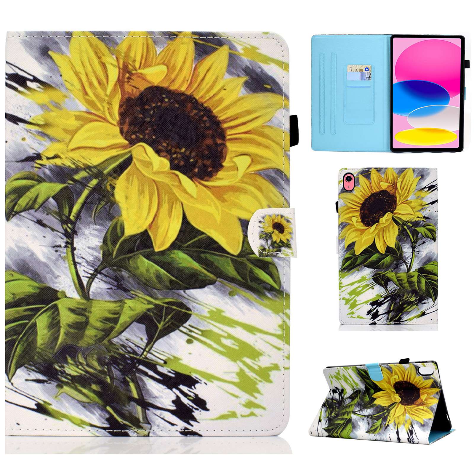 For iPad 10.9 (2022) / iPad 10th Gen Pattern Printing Adjustable Stand Cover Full Protection Stitching Line PU Leather Tablet Case with Card Slots Holder