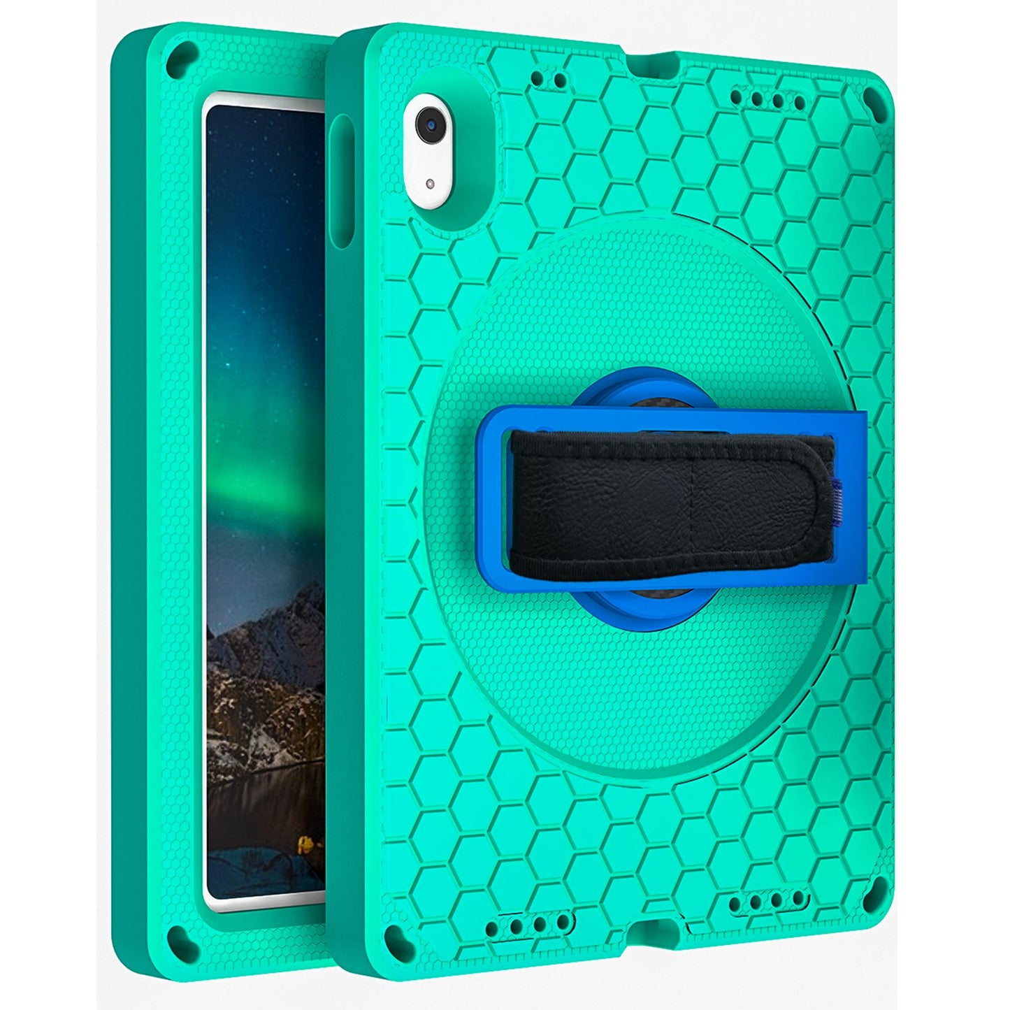 For iPad 10.9 (2022) EVA+PC Shockproof Tablet Case Hand Strap Rotary Kickstand Honeycomb Texture Anti-drop Cover with Shoulder Strap