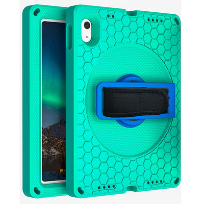 For iPad 10.9 (2022) EVA+PC Shockproof Tablet Case Hand Strap Rotary Kickstand Honeycomb Texture Anti-drop Cover with Shoulder Strap