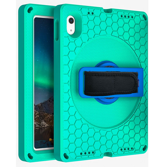 For iPad 10.9 (2022) EVA+PC Shockproof Tablet Case Hand Strap Rotary Kickstand Honeycomb Texture Anti-drop Cover with Shoulder Strap