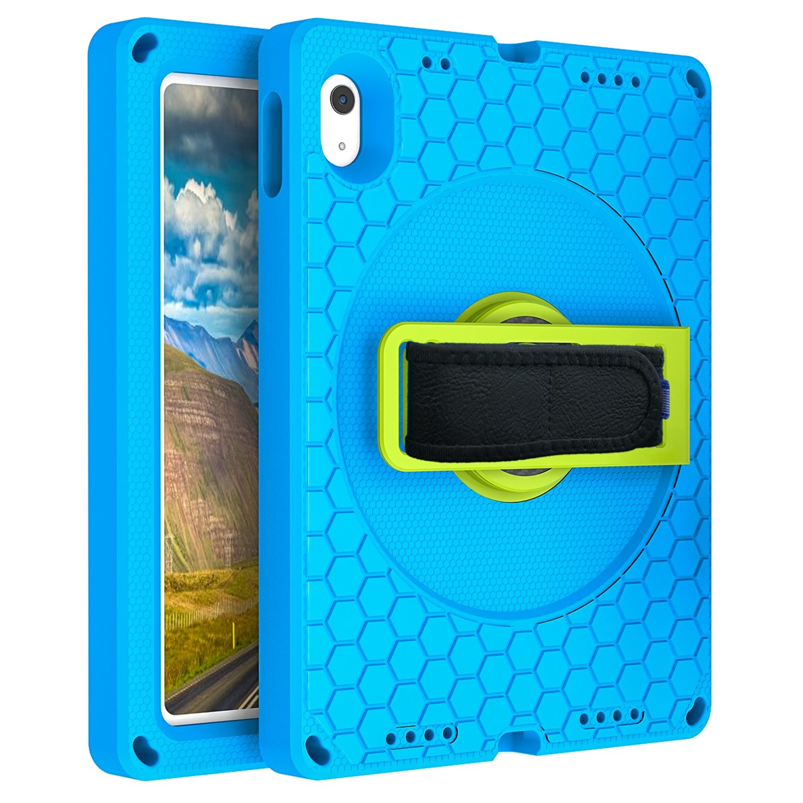 For iPad 10.9 (2022) EVA+PC Shockproof Tablet Case Hand Strap Rotary Kickstand Honeycomb Texture Anti-drop Cover with Shoulder Strap