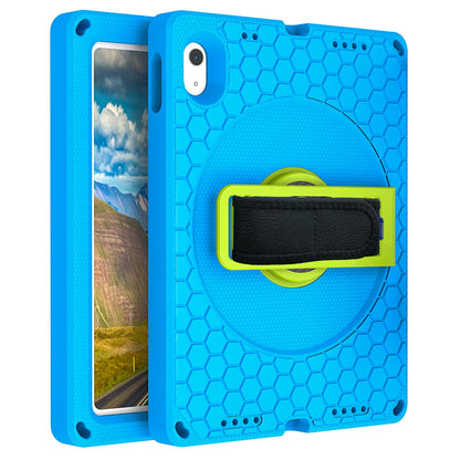 For iPad 10.9 (2022) EVA+PC Shockproof Tablet Case Hand Strap Rotary Kickstand Honeycomb Texture Anti-drop Cover with Shoulder Strap