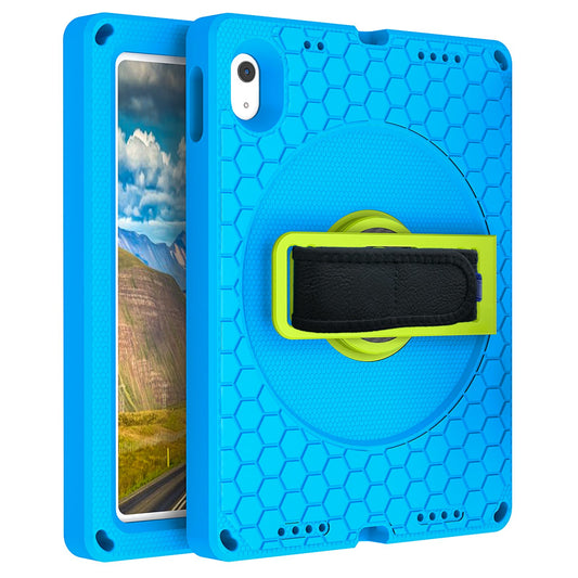 For iPad 10.9 (2022) EVA+PC Shockproof Tablet Case Hand Strap Rotary Kickstand Honeycomb Texture Anti-drop Cover with Shoulder Strap