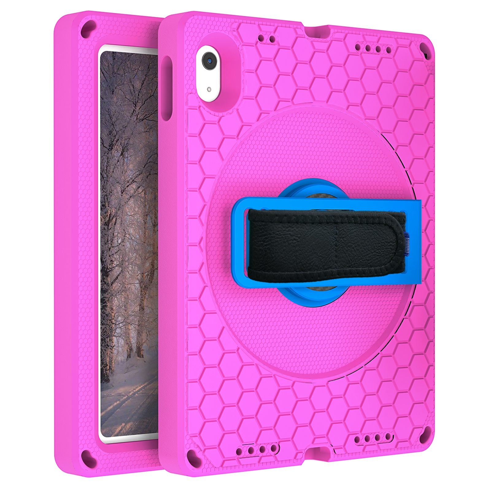 For iPad 10.9 (2022) EVA+PC Shockproof Tablet Case Hand Strap Rotary Kickstand Honeycomb Texture Anti-drop Cover with Shoulder Strap
