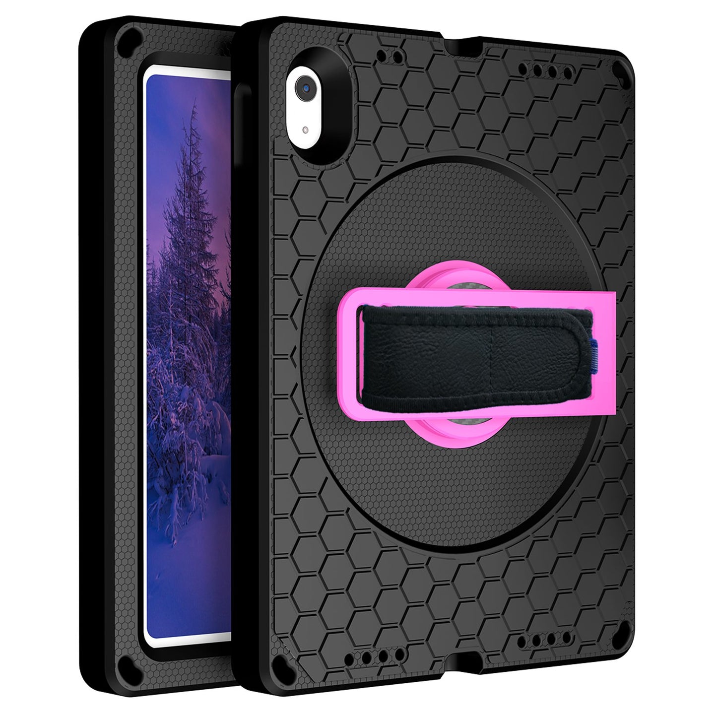 For iPad 10.9 (2022) EVA+PC Shockproof Tablet Case Hand Strap Rotary Kickstand Honeycomb Texture Anti-drop Cover with Shoulder Strap