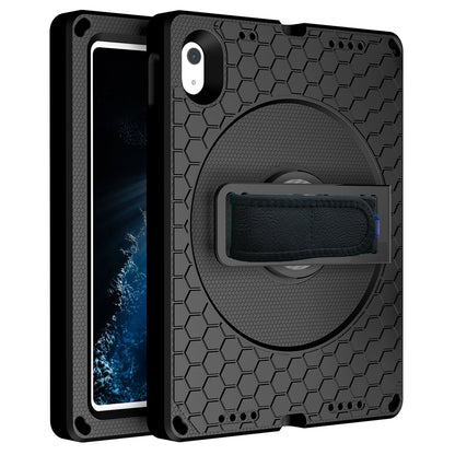 For iPad 10.9 (2022) EVA+PC Shockproof Tablet Case Hand Strap Rotary Kickstand Honeycomb Texture Anti-drop Cover with Shoulder Strap