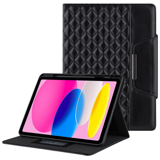 For iPad 10.9 (2022) Full Protection Tablet Cover Stand Big Metal Buckle Rhombus Texture Leather Drop-proof Tablet Case