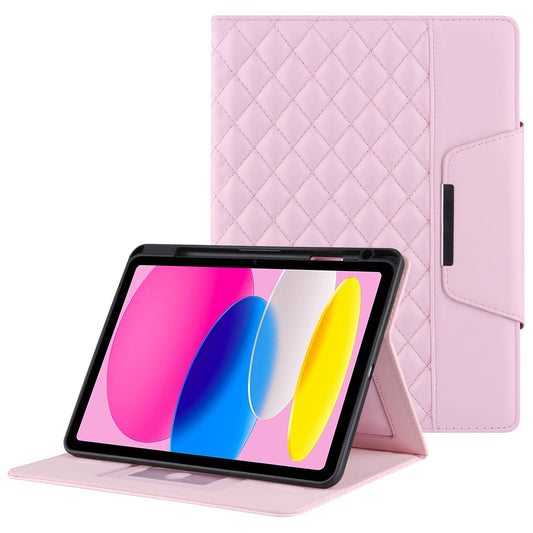 For iPad 10.9 (2022) Full Protection Tablet Cover Stand Big Metal Buckle Rhombus Texture Leather Drop-proof Tablet Case