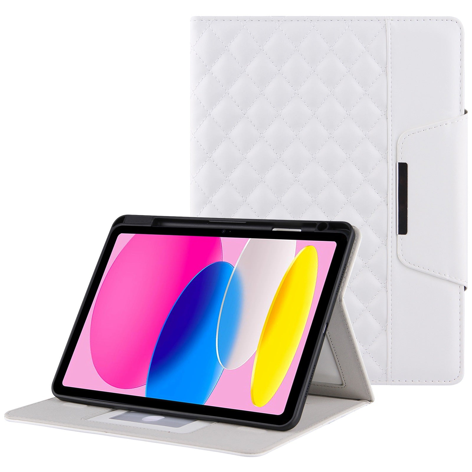 For iPad 10.9 (2022) Full Protection Tablet Cover Stand Big Metal Buckle Rhombus Texture Leather Drop-proof Tablet Case