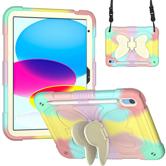 For iPad 10.9 (2022) Dual Color Silicone + PC Tablet Case Butterfly Shape Kickstand Anti-drop Protective Cover with Shoulder Strap