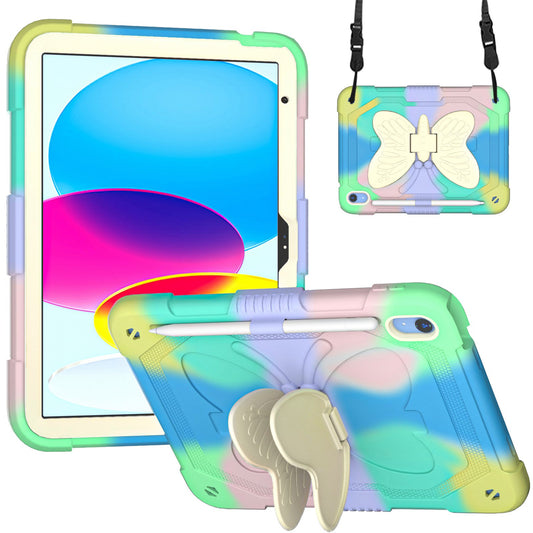 For iPad 10.9 (2022) Dual Color Silicone + PC Tablet Case Butterfly Shape Kickstand Anti-drop Protective Cover with Shoulder Strap