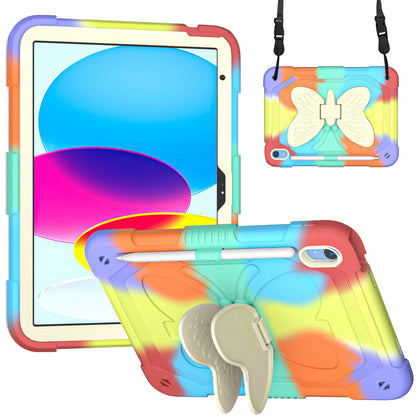 For iPad 10.9 (2022) Dual Color Silicone + PC Tablet Case Butterfly Shape Kickstand Anti-drop Protective Cover with Shoulder Strap