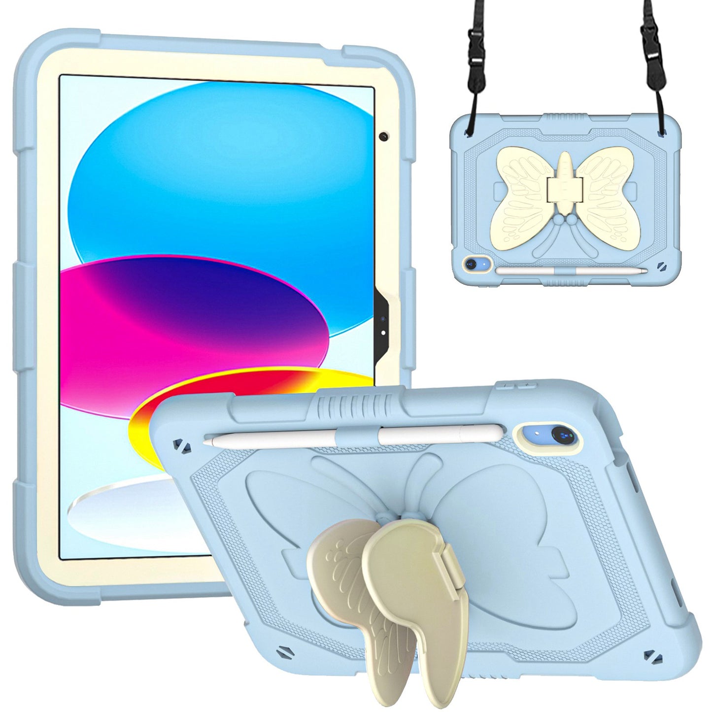 For iPad 10.9 (2022) Dual Color Silicone + PC Tablet Case Butterfly Shape Kickstand Anti-drop Protective Cover with Shoulder Strap