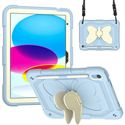 For iPad 10.9 (2022) Dual Color Silicone + PC Tablet Case Butterfly Shape Kickstand Anti-drop Protective Cover with Shoulder Strap