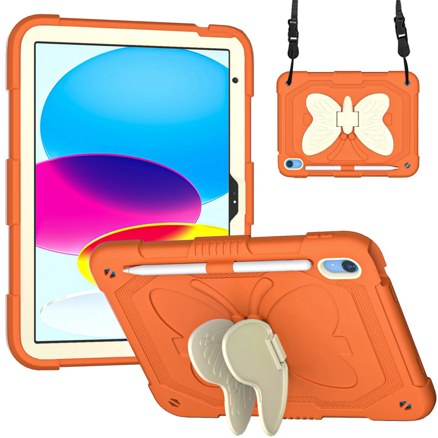 For iPad 10.9 (2022) Dual Color Silicone + PC Tablet Case Butterfly Shape Kickstand Anti-drop Protective Cover with Shoulder Strap
