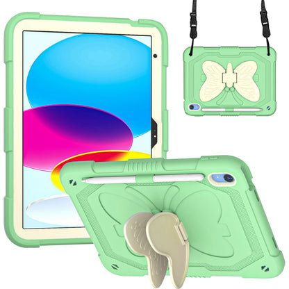For iPad 10.9 (2022) Dual Color Silicone + PC Tablet Case Butterfly Shape Kickstand Anti-drop Protective Cover with Shoulder Strap