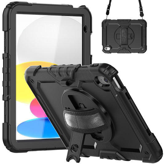 For iPad 10.9 (2022) Silicone+PC Tablet Case Hand Strap Kickstand Drop-proof Cover with Shoulder Strap