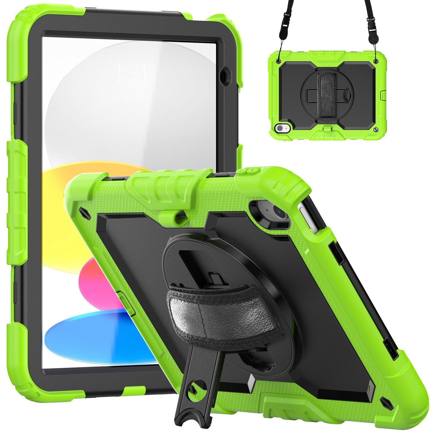 For iPad 10.9 (2022) Silicone+PC Tablet Case Hand Strap Kickstand Drop-proof Cover with Shoulder Strap