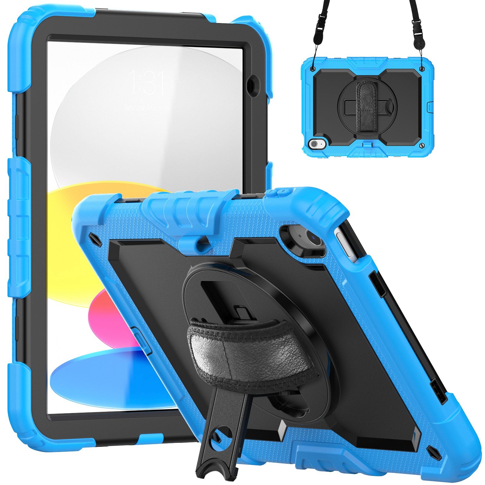 For iPad 10.9 (2022) Silicone+PC Tablet Case Hand Strap Kickstand Drop-proof Cover with Shoulder Strap