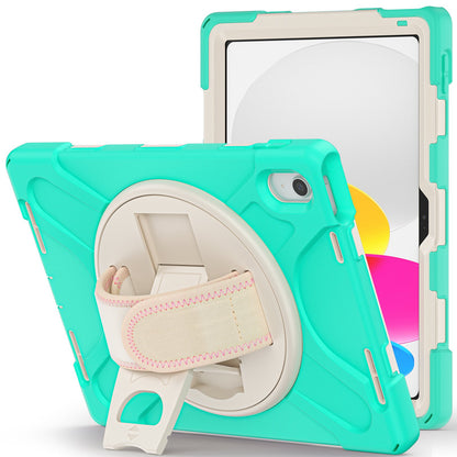 For iPad 10.9 (2022) Kickstand PC + Silicone Tablet Case 360 Degree Rotation Hand Strap Shockproof Rugged Protective Cover