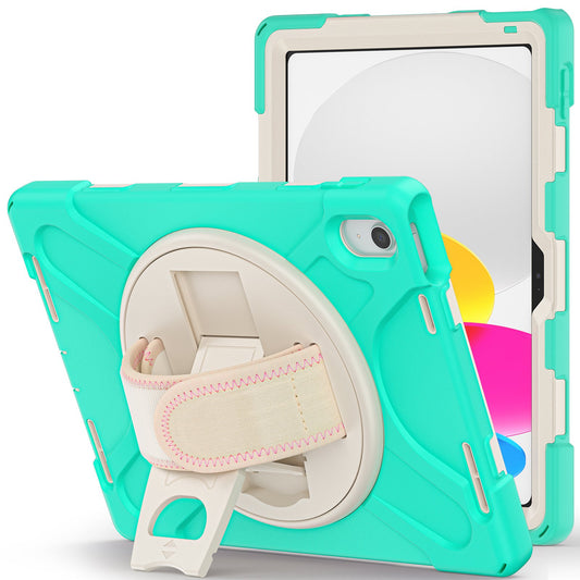 For iPad 10.9 (2022) Kickstand PC + Silicone Tablet Case 360 Degree Rotation Hand Strap Shockproof Rugged Protective Cover
