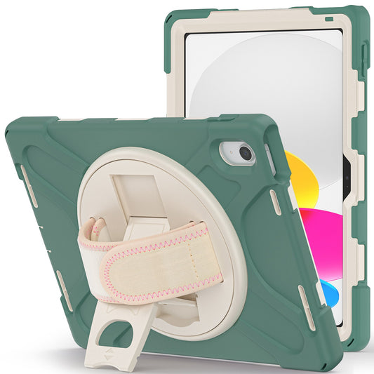 For iPad 10.9 (2022) Kickstand PC + Silicone Tablet Case 360 Degree Rotation Hand Strap Shockproof Rugged Protective Cover