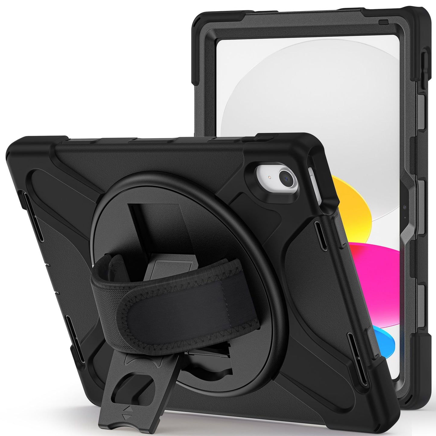 For iPad 10.9 (2022) Kickstand PC + Silicone Tablet Case 360 Degree Rotation Hand Strap Shockproof Rugged Protective Cover