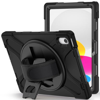 For iPad 10.9 (2022) Kickstand PC + Silicone Tablet Case 360 Degree Rotation Hand Strap Shockproof Rugged Protective Cover
