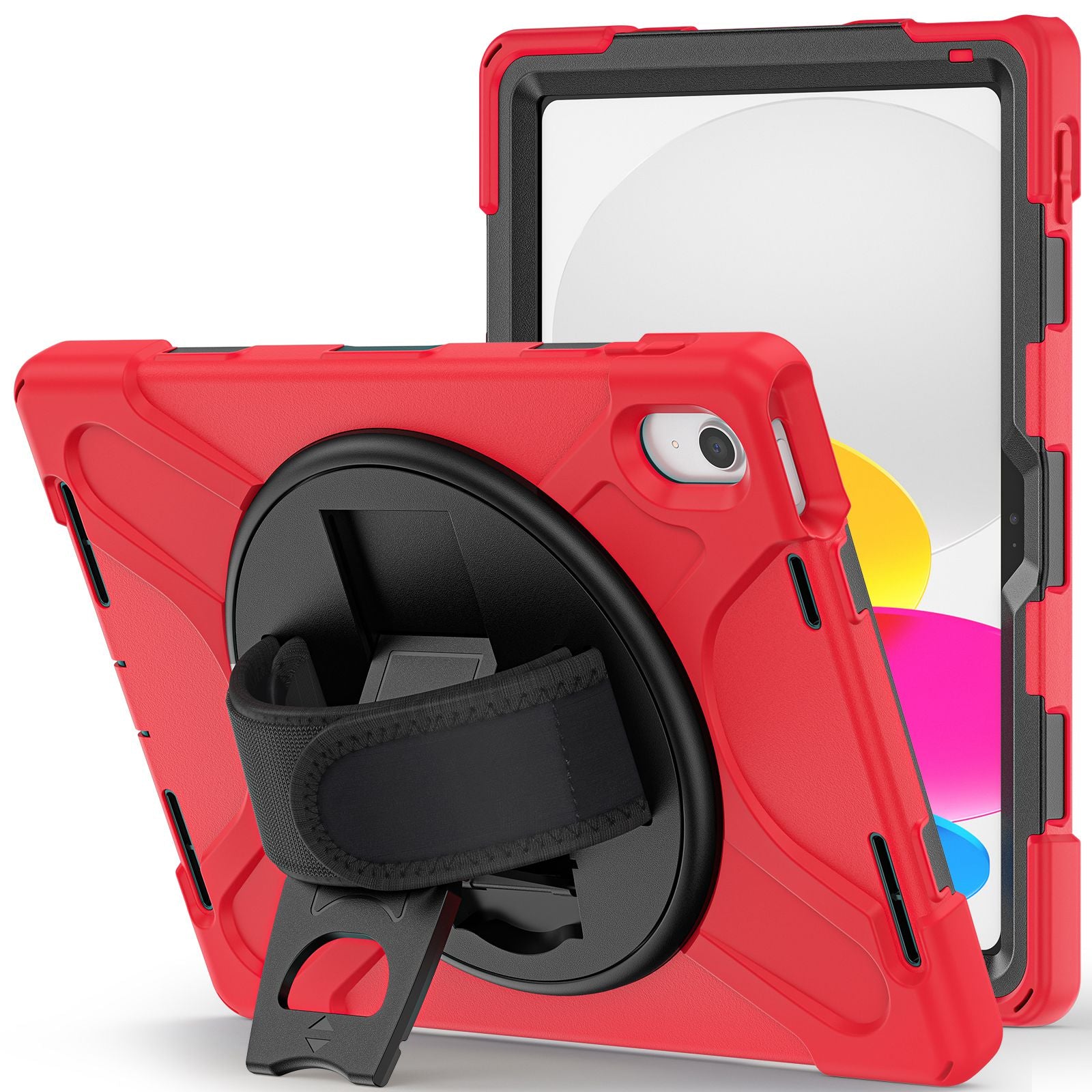 For iPad 10.9 (2022) Kickstand PC + Silicone Tablet Case 360 Degree Rotation Hand Strap Shockproof Rugged Protective Cover