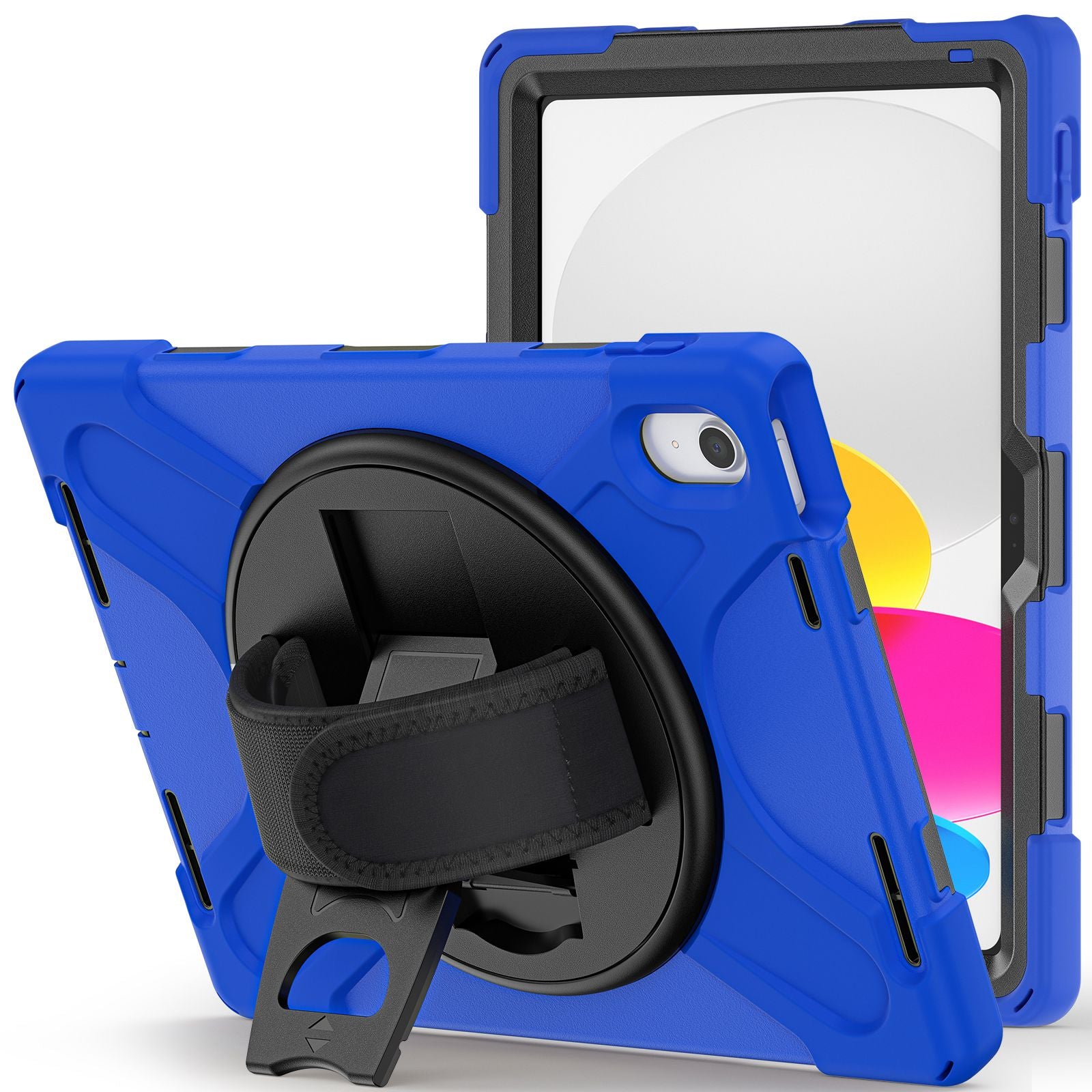 For iPad 10.9 (2022) Kickstand PC + Silicone Tablet Case 360 Degree Rotation Hand Strap Shockproof Rugged Protective Cover