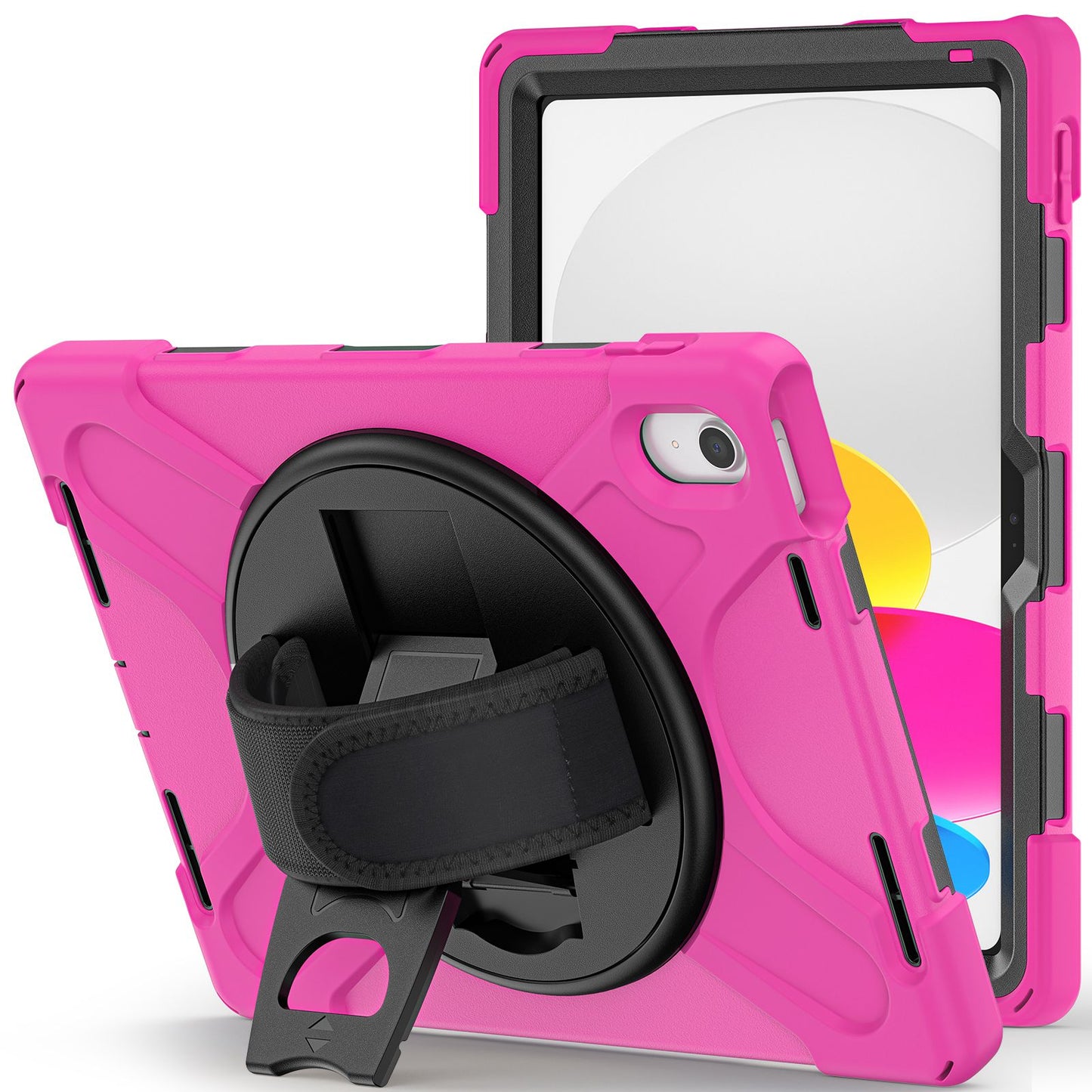 For iPad 10.9 (2022) Kickstand PC + Silicone Tablet Case 360 Degree Rotation Hand Strap Shockproof Rugged Protective Cover