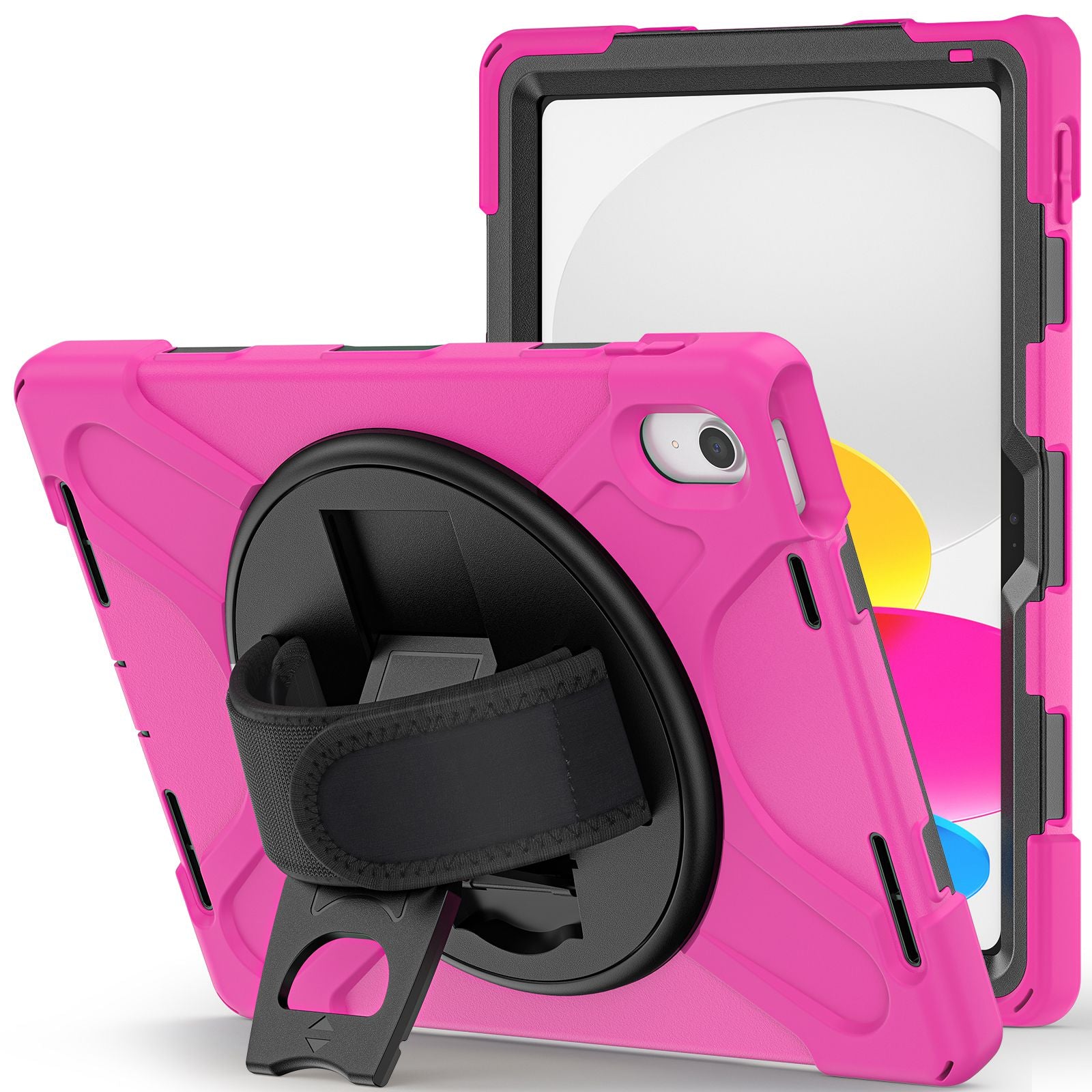 For iPad 10.9 (2022) Kickstand PC + Silicone Tablet Case 360 Degree Rotation Hand Strap Shockproof Rugged Protective Cover
