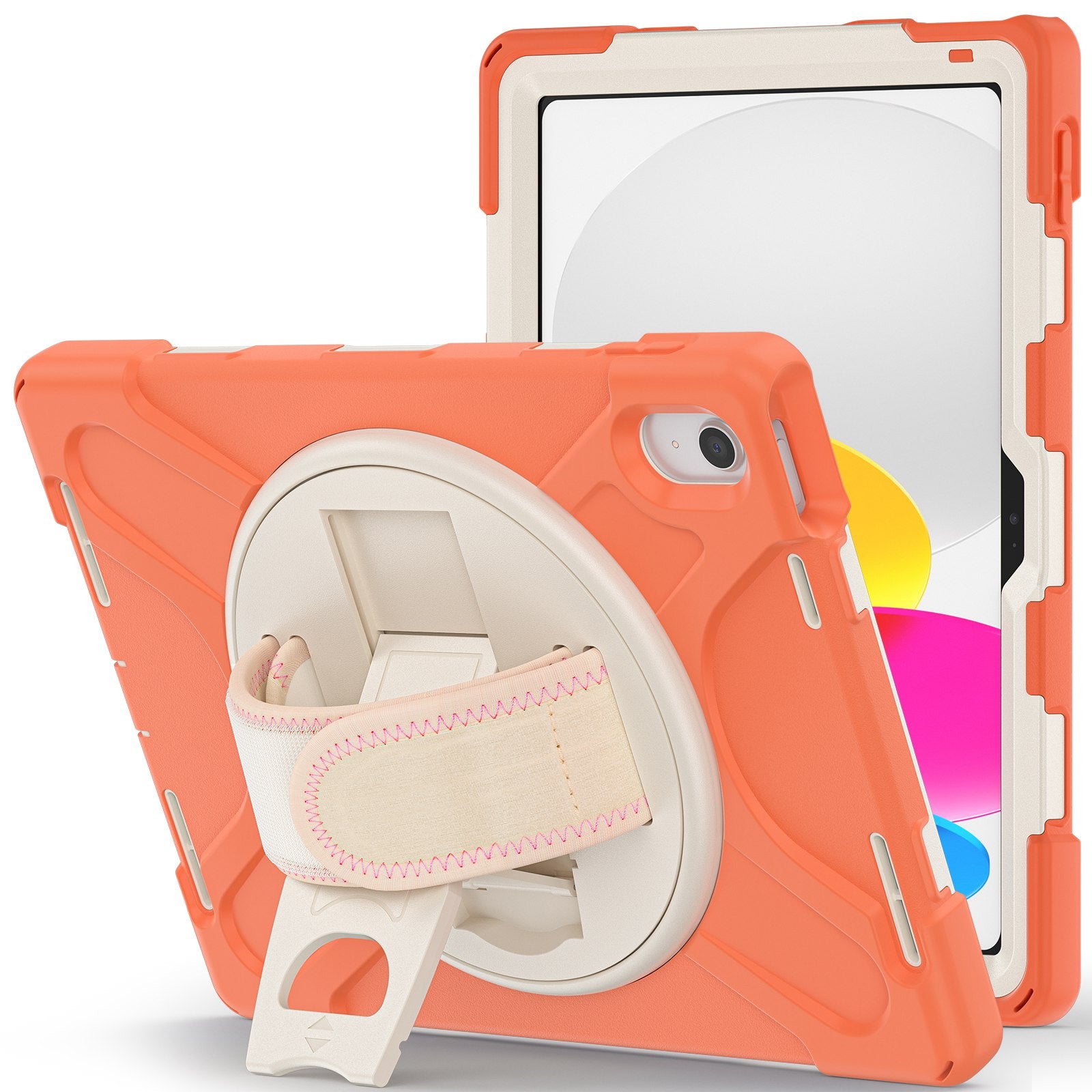 For iPad 10.9 (2022) Kickstand PC + Silicone Tablet Case 360 Degree Rotation Hand Strap Shockproof Rugged Protective Cover
