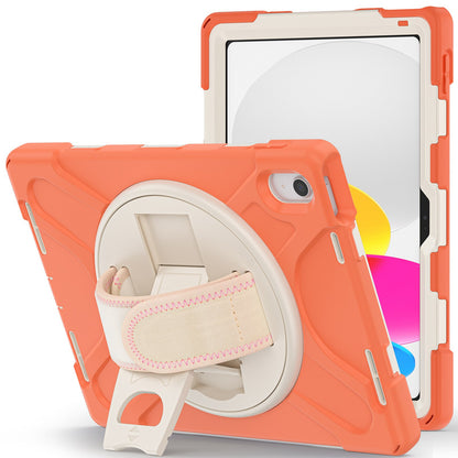 For iPad 10.9 (2022) Kickstand PC + Silicone Tablet Case 360 Degree Rotation Hand Strap Shockproof Rugged Protective Cover