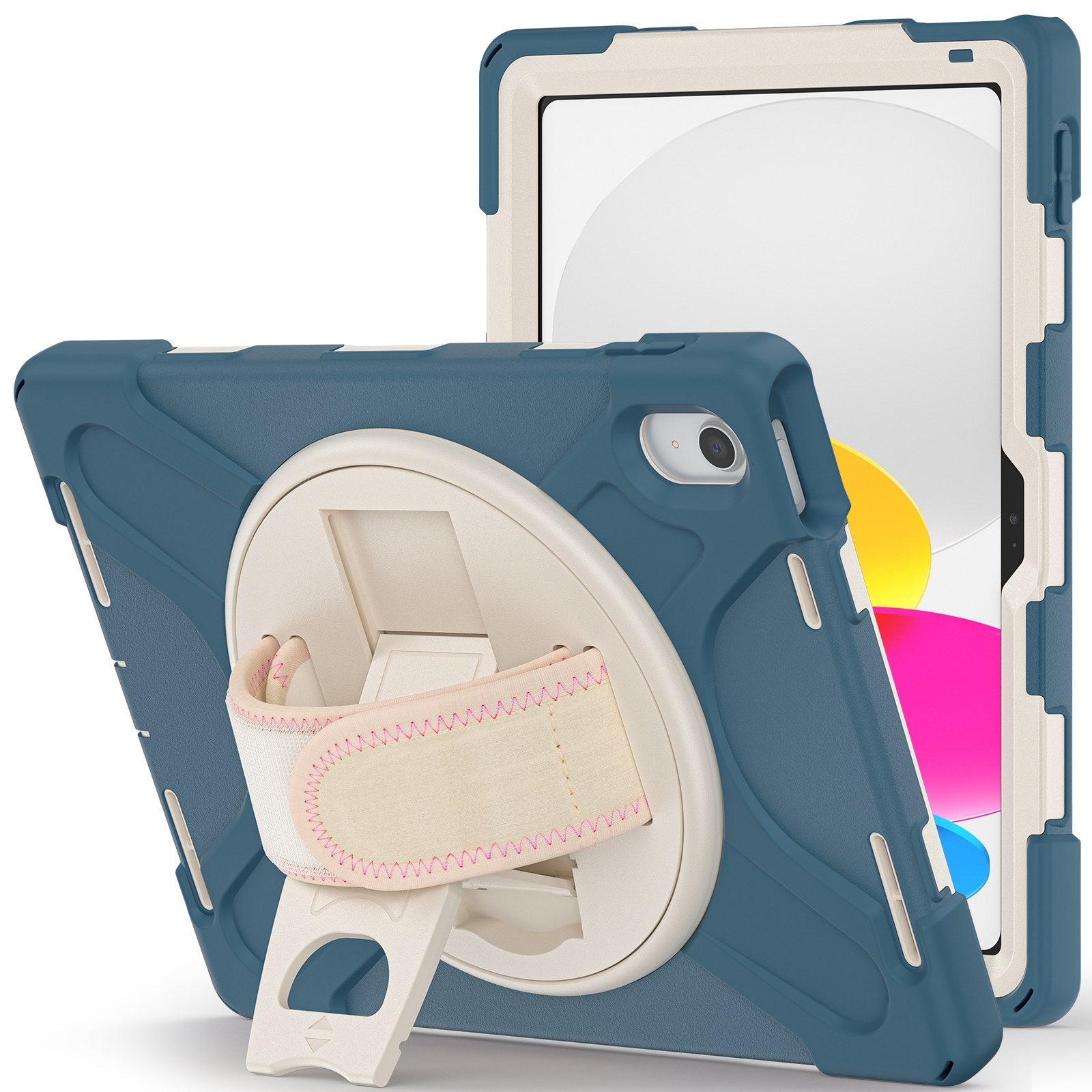 For iPad 10.9 (2022) Kickstand PC + Silicone Tablet Case 360 Degree Rotation Hand Strap Shockproof Rugged Protective Cover