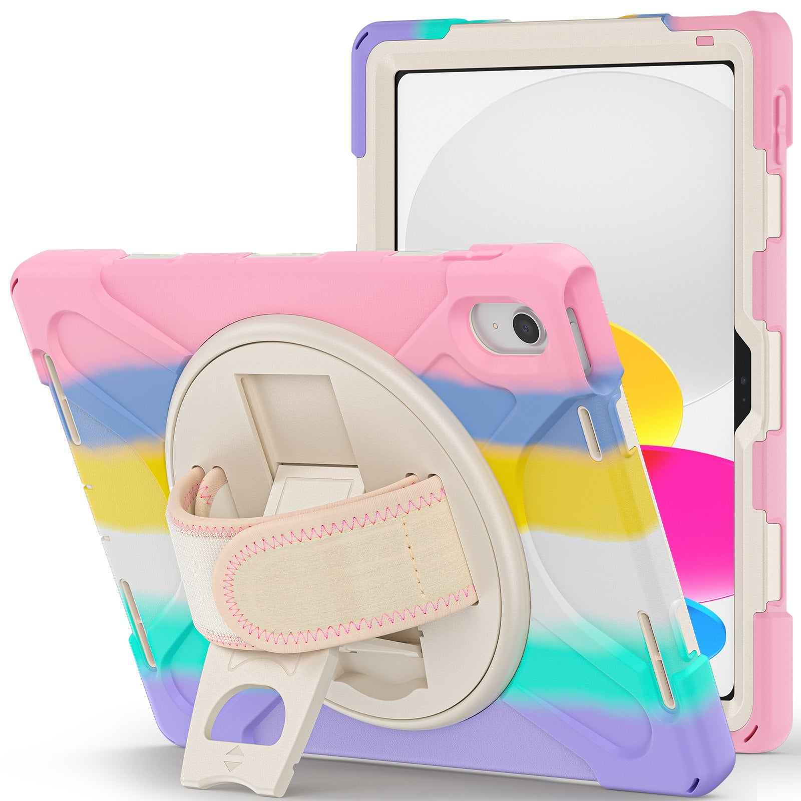 For iPad 10.9 (2022) Kickstand PC + Silicone Tablet Case 360 Degree Rotation Hand Strap Shockproof Rugged Protective Cover