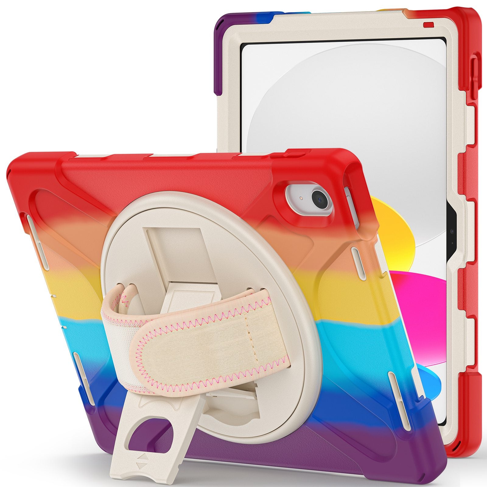 For iPad 10.9 (2022) Kickstand PC + Silicone Tablet Case 360 Degree Rotation Hand Strap Shockproof Rugged Protective Cover