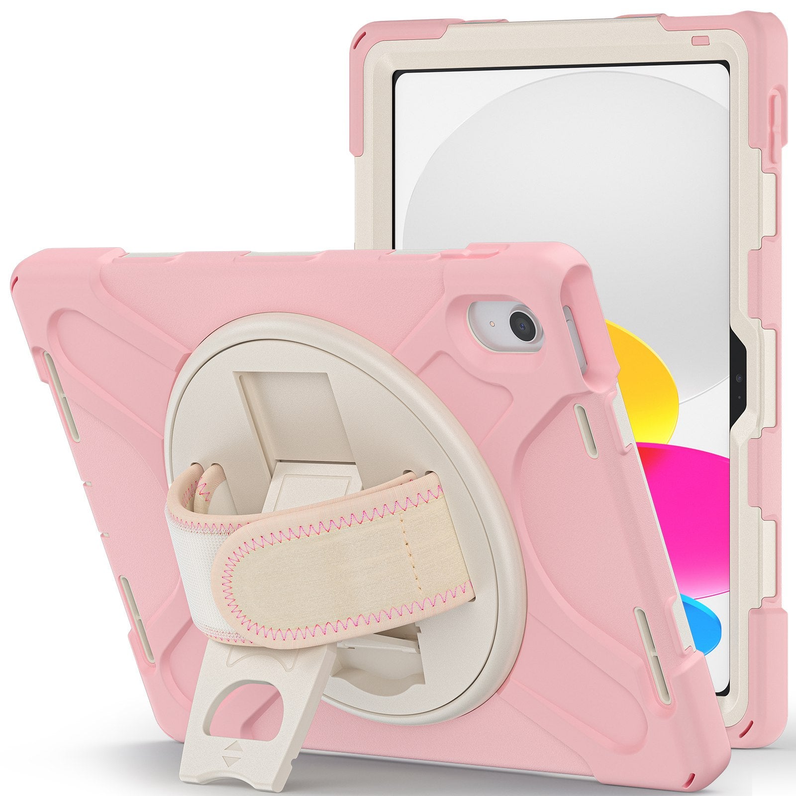 For iPad 10.9 (2022) Kickstand PC + Silicone Tablet Case 360 Degree Rotation Hand Strap Shockproof Rugged Protective Cover