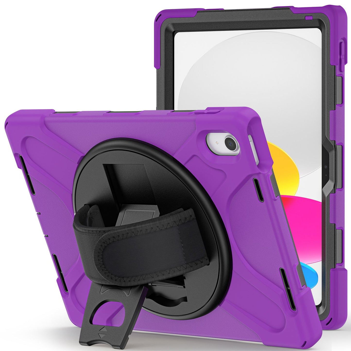 For iPad 10.9 (2022) Kickstand PC + Silicone Tablet Case 360 Degree Rotation Hand Strap Shockproof Rugged Protective Cover