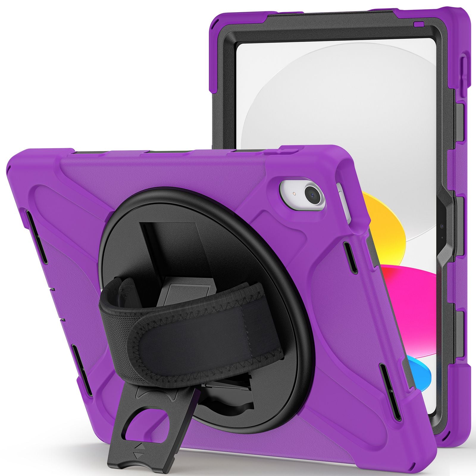 For iPad 10.9 (2022) Kickstand PC + Silicone Tablet Case 360 Degree Rotation Hand Strap Shockproof Rugged Protective Cover
