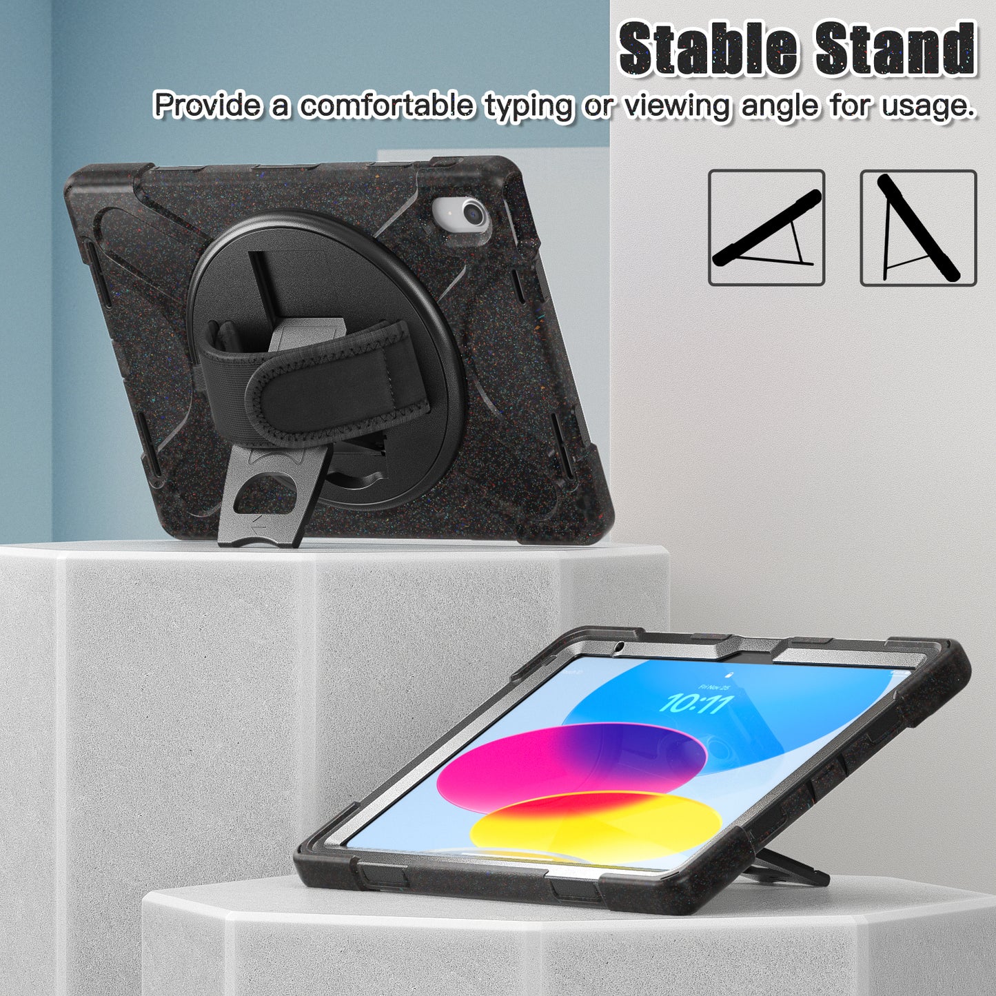 For iPad 10.9 (2022) Kickstand PC + Silicone Tablet Case 360 Degree Rotation Hand Strap Shockproof Rugged Protective Cover