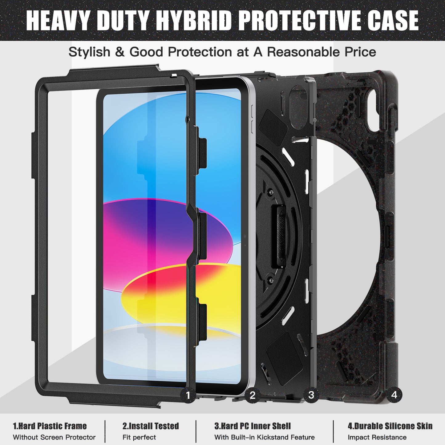 For iPad 10.9 (2022) Kickstand PC + Silicone Tablet Case 360 Degree Rotation Hand Strap Shockproof Rugged Protective Cover
